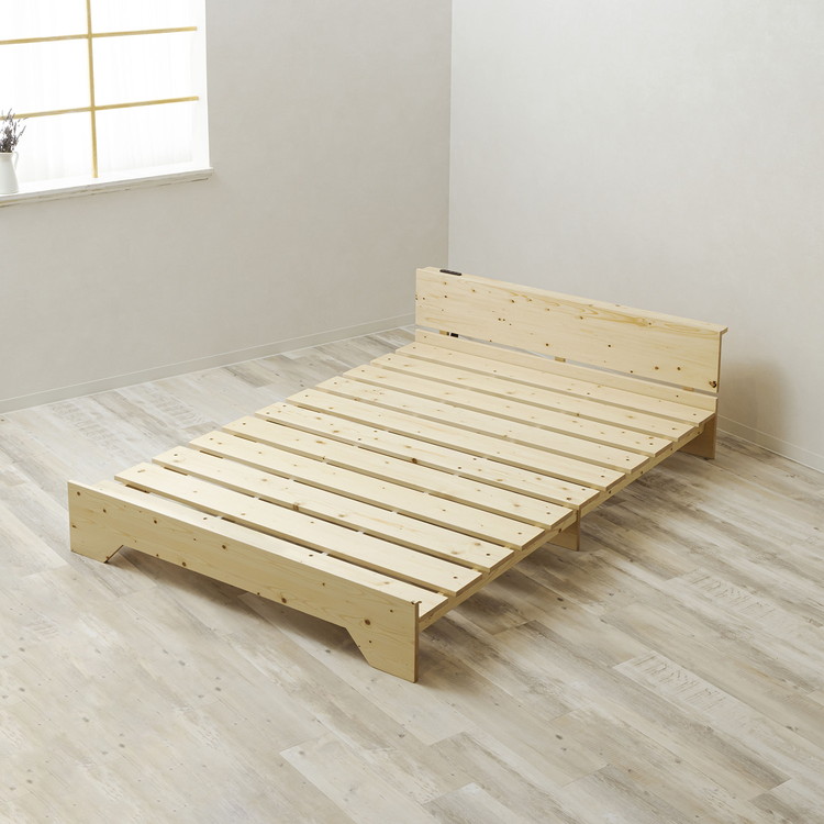 ベッド 宮棚&2口コンセント付 天然木 北欧パイン 宮付き セミダブル