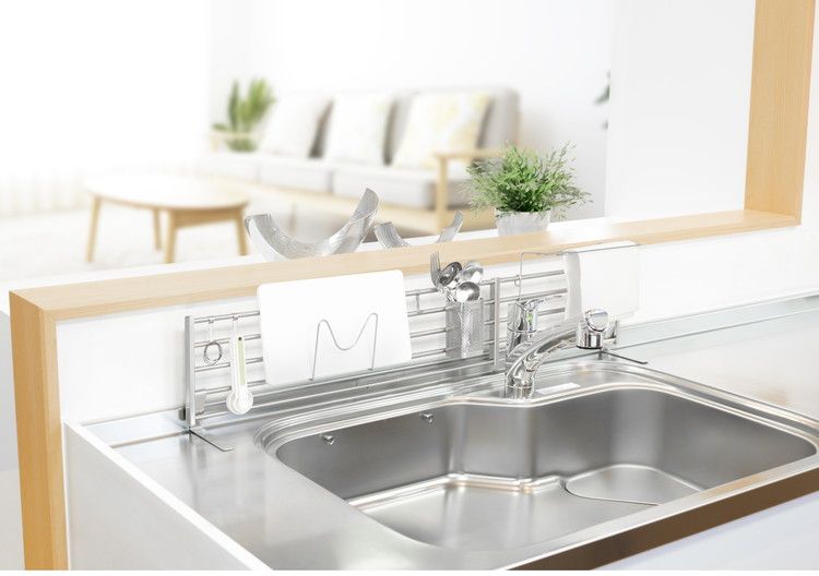 多機能食器スタンド シンク上用高さ55~59(伸縮66~85cm)伸籍式二重居 伸縮式 シンク奥スタンド 幅62~90cm DX ふきん掛け/フック/箸立て