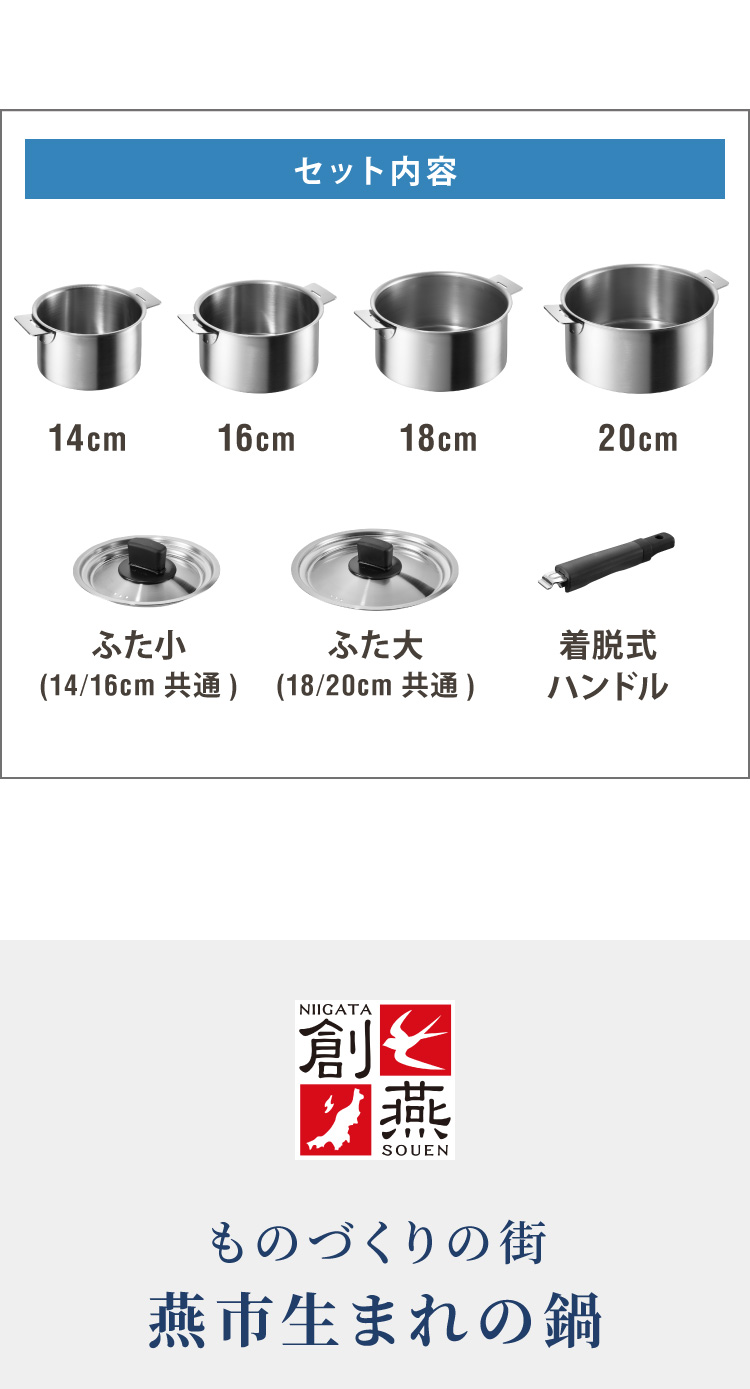アメリカ製ステンレス両手鍋2セット 取っ手が取れる ステンレス 鍋 日本製 14cm16cm18cm20cm 鍋セット収納