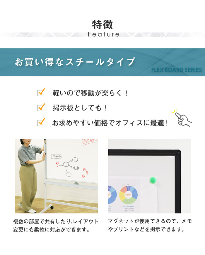 法人様限定販売 ホワイトボード 脚付 両面タイプ 幅188cm 180×90