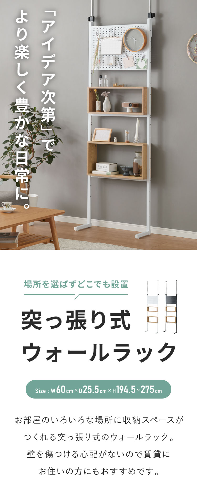 突っ張り 収納ボックス×パンチングラック 60cm 突っ張りラック