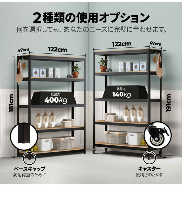 耐荷重1250kg ネジなし 落下防止付き 頑丈 スチールラック キャスター