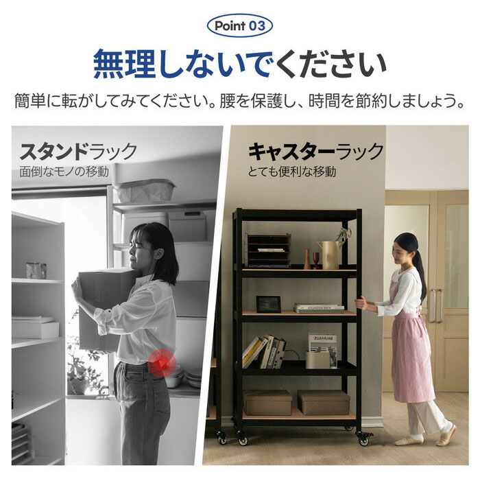 総耐荷重600kg ネジなし 落下防止付き スチールラック キャスター付き