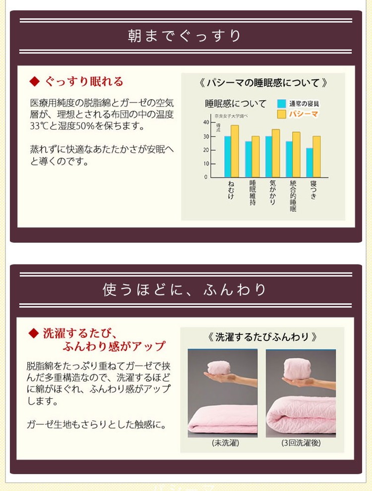 ガーゼと脱脂綿 快適寝具パシーマEX使いのパジャマ Sサイズ Mサイズ L