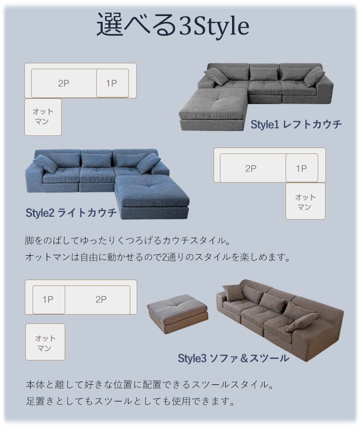 ソファー フロアソファ グレー ネイビー ブラウン リビング おしゃれ 代引不可 リコメン堂 - 通販 - PayPayモール ソファー 3人掛け 幅210cm ロータイプ ファブリック L字 I字 クッション付 オットマン グレー
