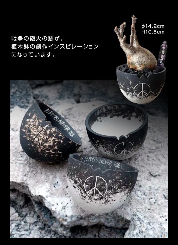 plants never die 正規販売店 反戦鉢 W14.2cm×H10.5cm 鉢植え おしゃれ 骨 イラスト ブラック 径14.2  高さ10.5 陶器 ガーデニング 屋外 屋内