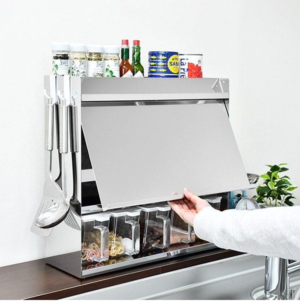 日本製 燕三条 フラップ扉のステンレススパイスラック ポット5 調味料