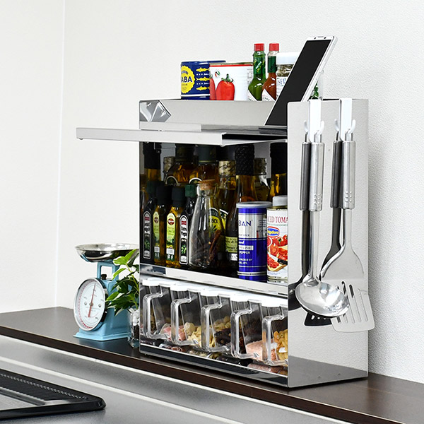 日本製 燕三条 フラップ扉のステンレススパイスラック ポット5 調味料