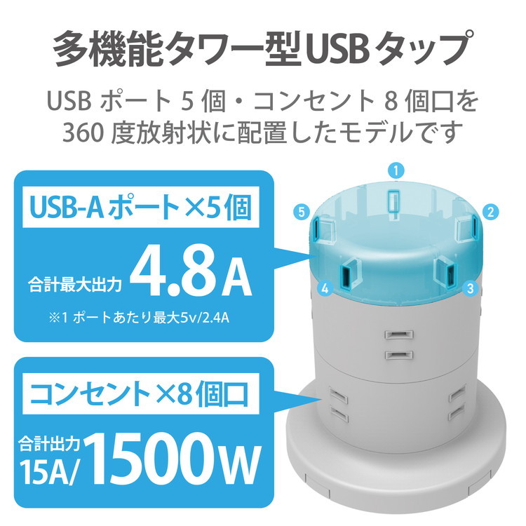 エレコム 電源タップ 8個口 2P 雷サージ トラッキング防止 ほこり防止 USBポート付き タワー型 2m ホワイト ECT-0620WH 代引不可  :el-4549550174725:リコメン堂 - 通販 - Yahoo!ショッピング