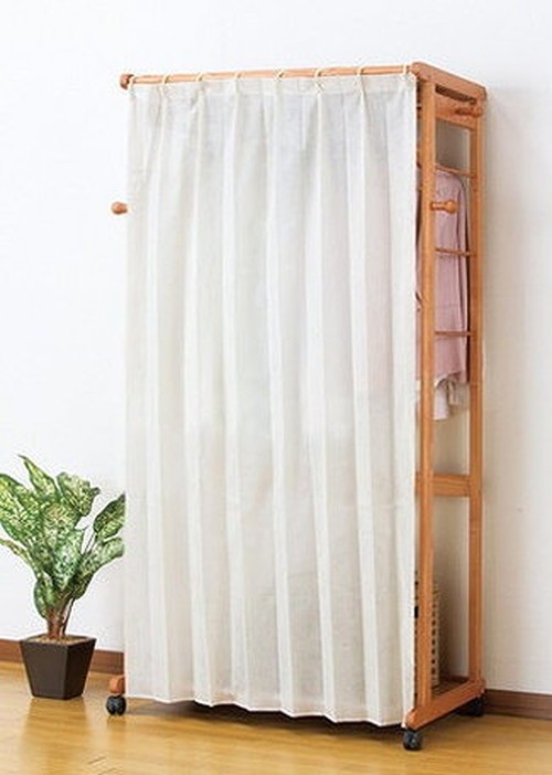 木製ハンガーラック 白色カーテン付き ハンガーラック 天然木 木製 フレーム 幅110cm シングル