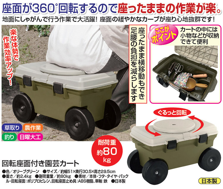 回転座面付き 園芸カート 台車 ワゴン 座れる ボックス 小物収納 耐