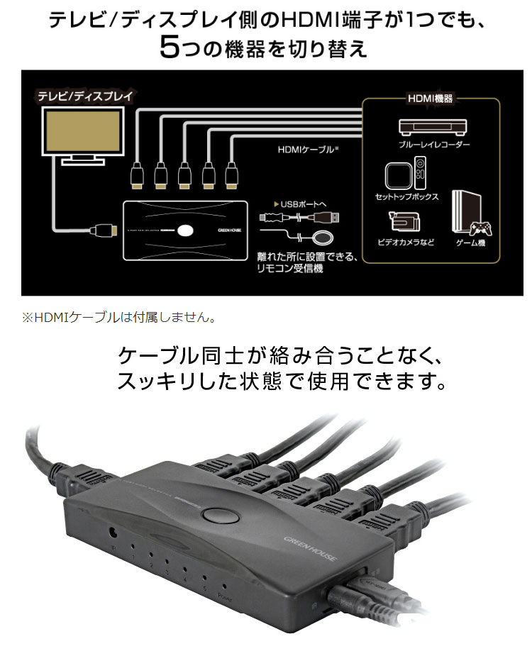 新品同様 グリーンハウス GH-HSWM5-BK HDMIセレクタ 手動切り替えモデル HDCP 2.2 HDR10 Input5  Output1ポート GHHSWM5BK