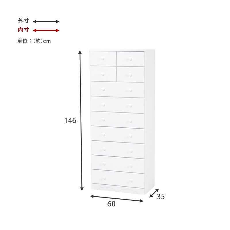 チェスト 白 幅60 引き出し 11杯 完成品 スーパーハイタイプ 奥行35 高