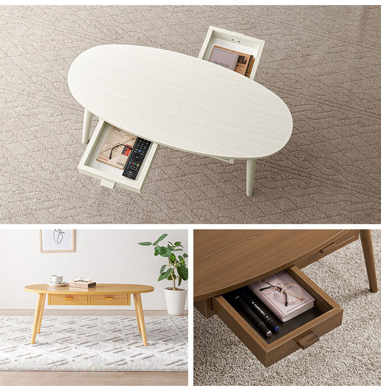 センターテーブル 引き出し付き 収納付き 90×40cm 楕円 オーバル