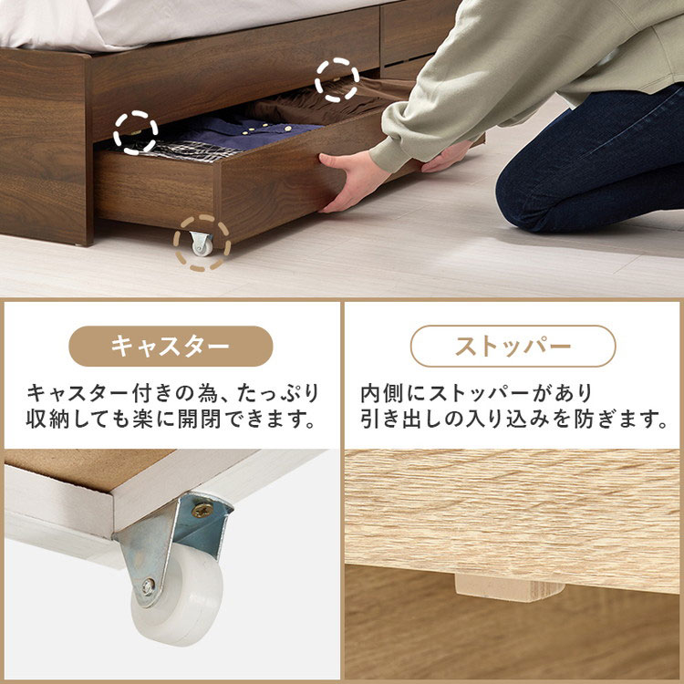 耐荷重350kg 頑丈 引出し付き収納ベッド シングル 2口コンセント付き