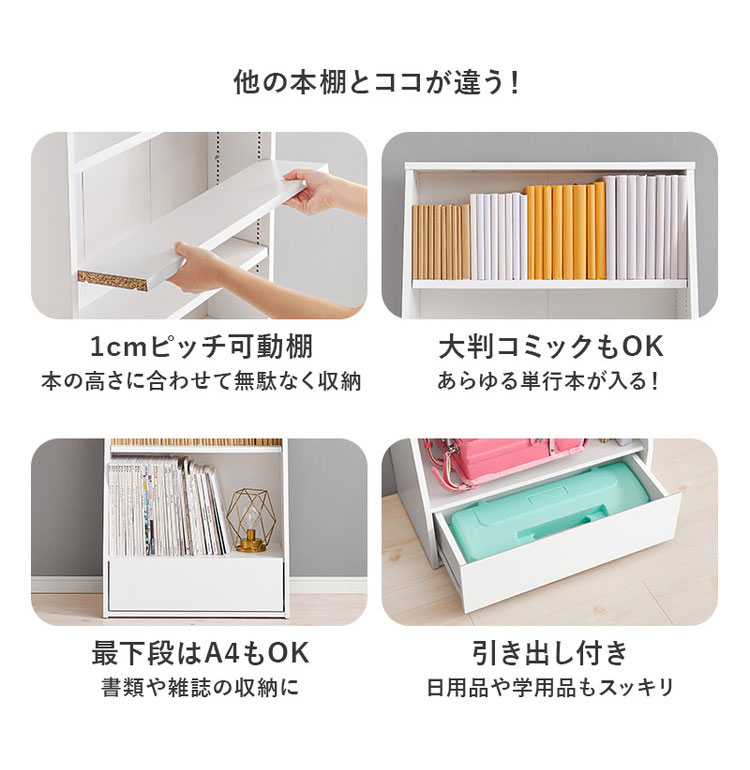 本棚 幅60cm ロータイプ 棚板 1cmピッチ調節 引き出し付き A4 A5