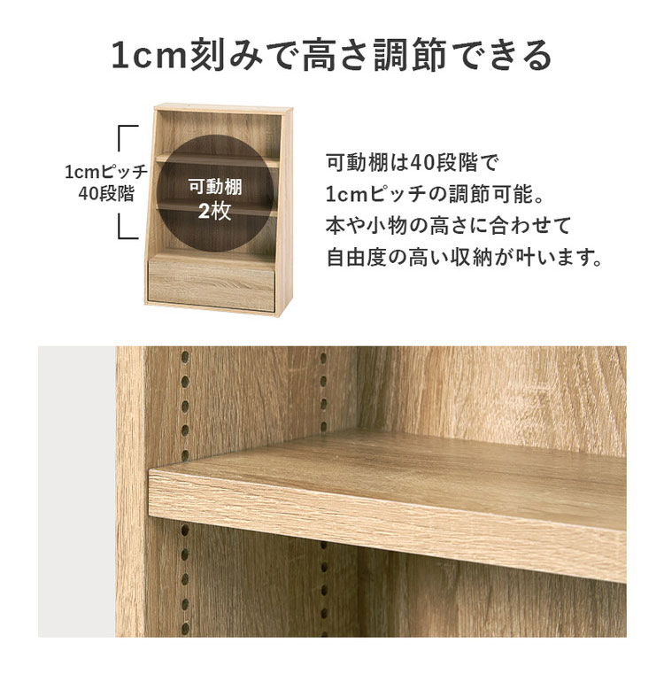 本棚 幅60cm ロータイプ 棚板 1cmピッチ調節 引き出し付き A4 A5