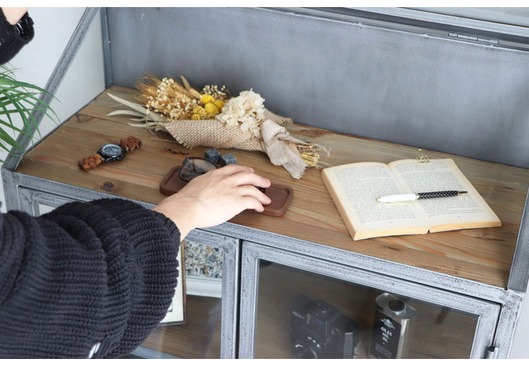 アンティーク調 ディスプレイラック ガラス扉 キャビネット 幅80cm 扉