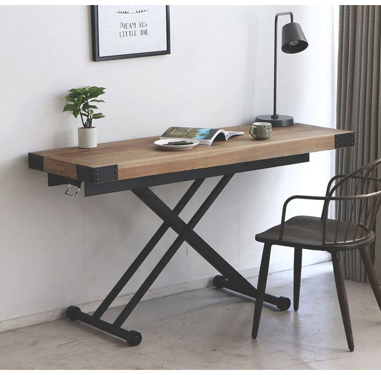 ガス圧昇降テーブル パイン無垢材×黒スチール ヴィンテージ調 140×50cm