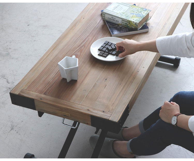 ガス圧昇降テーブル パイン無垢材×黒スチール ヴィンテージ調 140×50cm