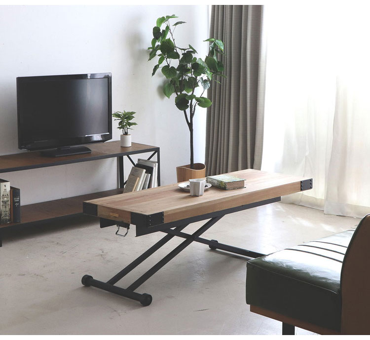 ガス圧昇降テーブル パイン無垢材×黒スチール ヴィンテージ調 140×50cm