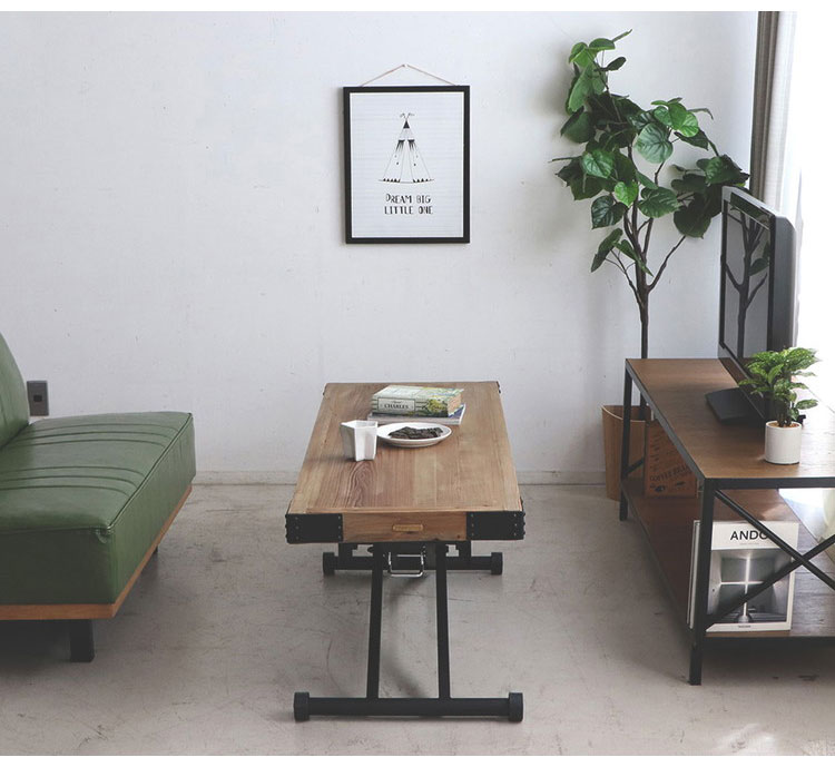 ガス圧昇降テーブル パイン無垢材×黒スチール ヴィンテージ調 140×50cm