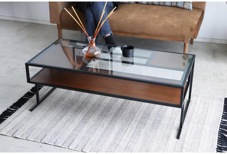 センターテーブル 105×50cm ガラステーブル 棚付き リバーシブル 脚部