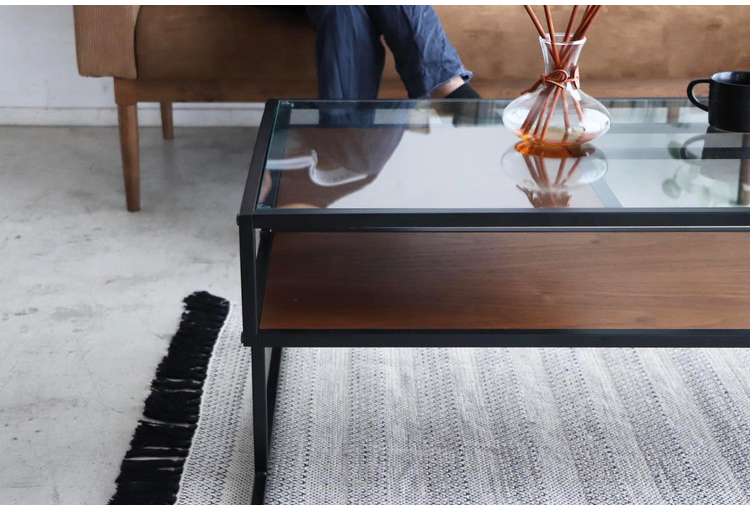 センターテーブル 105×50cm ガラステーブル 棚付き リバーシブル 脚部