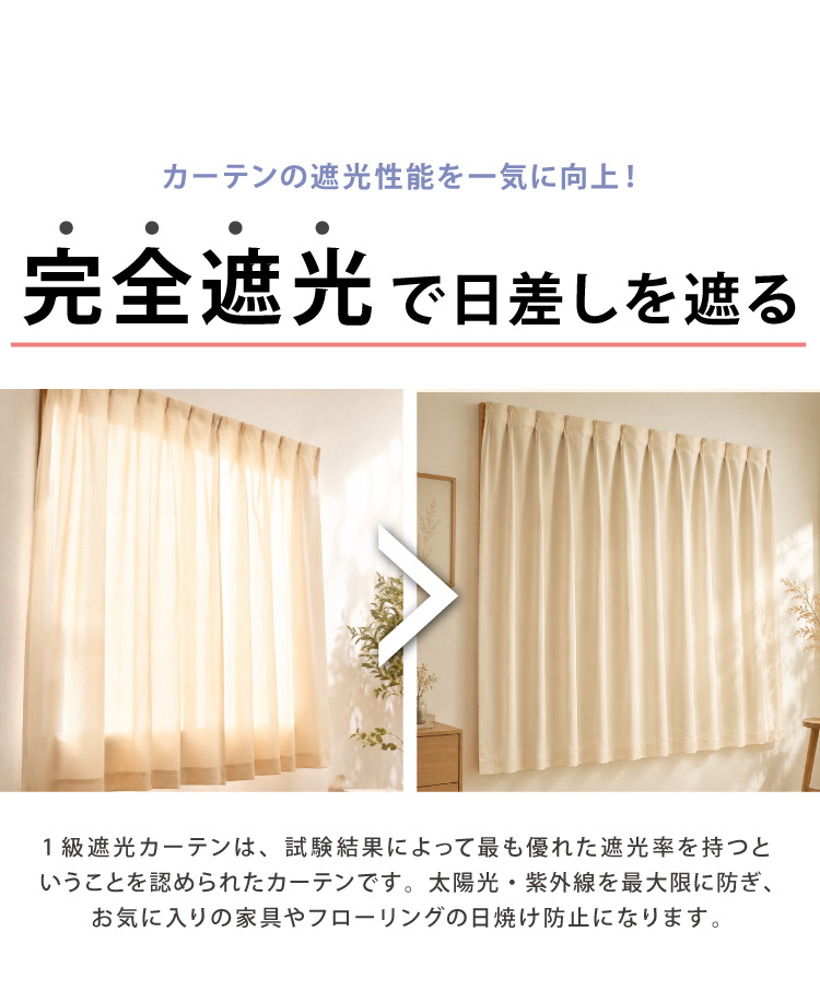 カーテン　裏地付き（大２枚、小２枚） 完全遮光 裏地ライナー 2枚組 遮光率100% 断熱 保温 遮音