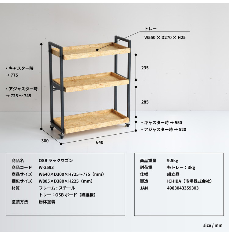 キッチンワゴン 幅64cm 3段 キャスター付き スチール OSB合板 eco