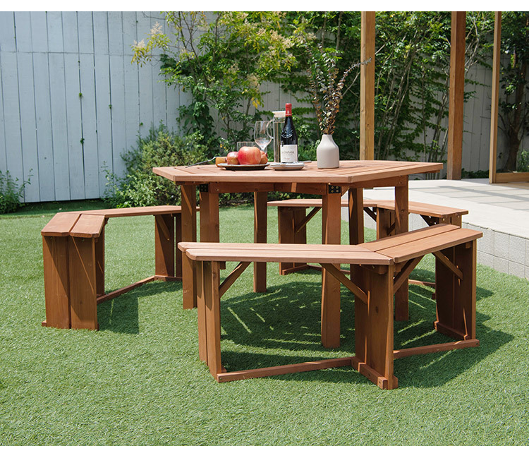 ガーデン テーブルベンチセット 木製 六角 ブラウン 最大6人使用可能 ガーデンテーブル ガーデンベンチ ガーデンテーブル&ベンチ4点セット 天然木  代引不可