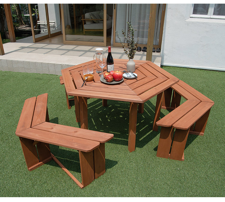 ガーデン テーブルベンチセット 木製 六角 ブラウン 最大6人使用可能 