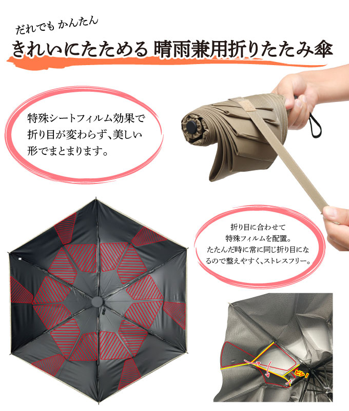 きれいに折りたためる 晴雨兼用 折りたたみ傘 ベージュ 90cm 6本