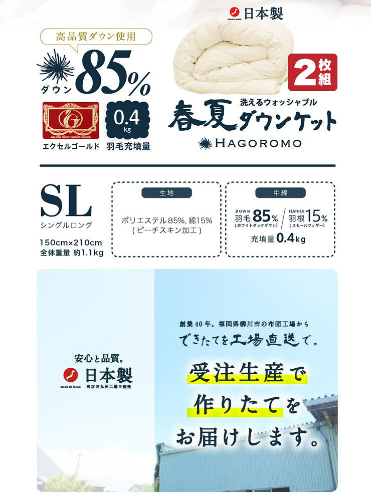 ダウンケット 2枚セット 洗える 日本製 85% 0.4kg 羽毛肌掛けふとん