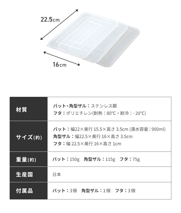 蓋付きステンレスバット・角型ザルセット 燕三条 日本製 バット 揚げ物 