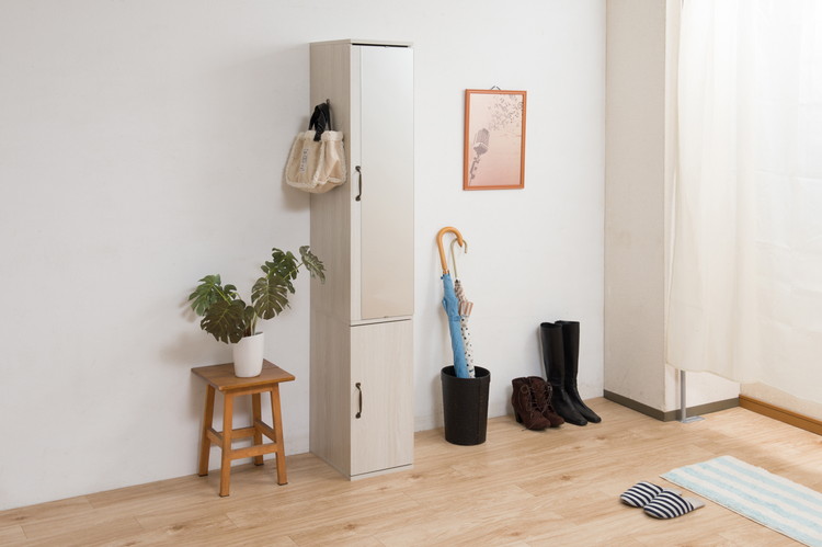 シューズラック 幅27 ホワイト ミラー付き フック 省スペース 高さ調整