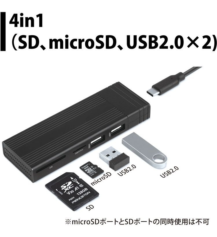 プリンストン 4in1 カードリーダー機能付き M.2 SSDケース USB