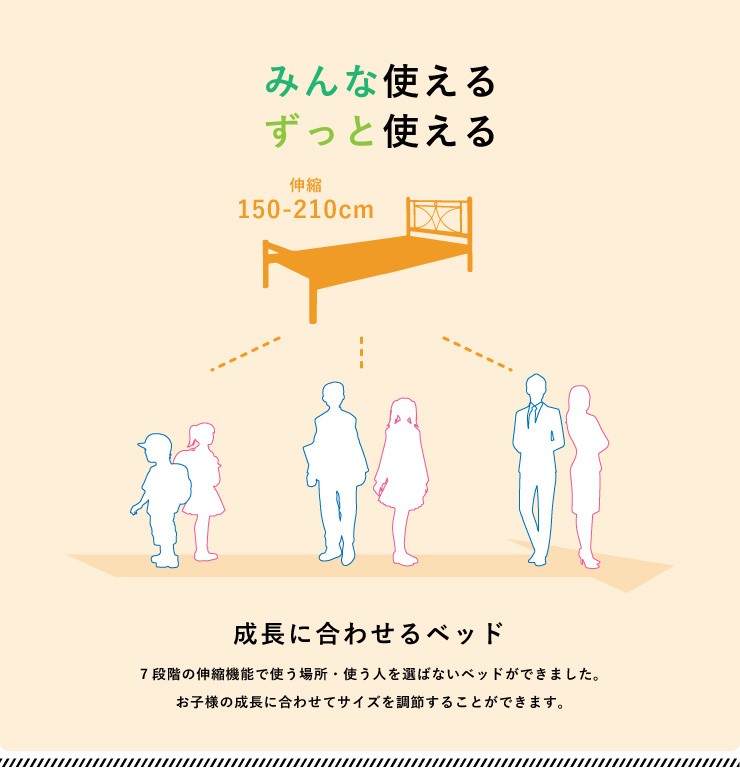 ベッド シングル のびのびベッド 伸縮ベッド 150cm~210cmまで長さが伸縮 シングルベッド のびのび 伸縮 長さ調整 大人 子供 パイプベッド  家具 寝具 代引不可