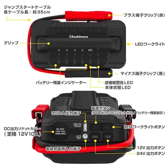 カシムラ 24V対応 ジャンプスターター 56000mAh DC12Vガソリン車全般