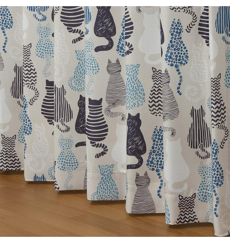 ドレープカーテン レースカーテン付き 猫柄 形状記憶 4枚セット 4枚組