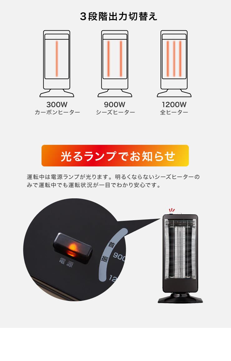 ハイブリッドヒーター カーボン シーズ ヒーター 3灯 1200W 首振り 機能 転倒 OFF 切替 切り替え 温度 過昇防止 暖房  :yp-3carbonheat:リコメン堂インテリア館 - 通販 - Yahoo!ショッピング