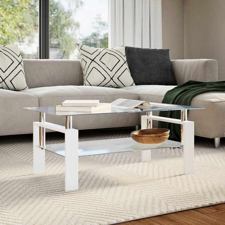 vidaXL コーヒーテーブル ホワイト 透明 95x55x40 cm 強化ガラス製家具