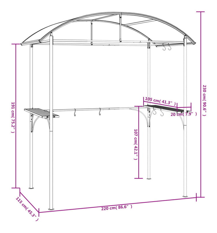 vidaXL バーベキューガゼボ サイドシェルフ付き アンスラサイト
