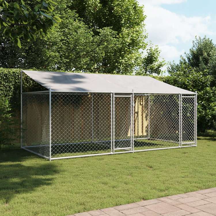 vidaXL 犬用ケージ ルーフ ドア付き グレー 4x2x2 m 亜鉛メッキ鋼