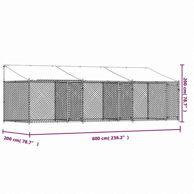 vidaXL 犬用ケージ ルーフ ドア付き グレー 6x2x2 m 亜鉛メッキ鋼