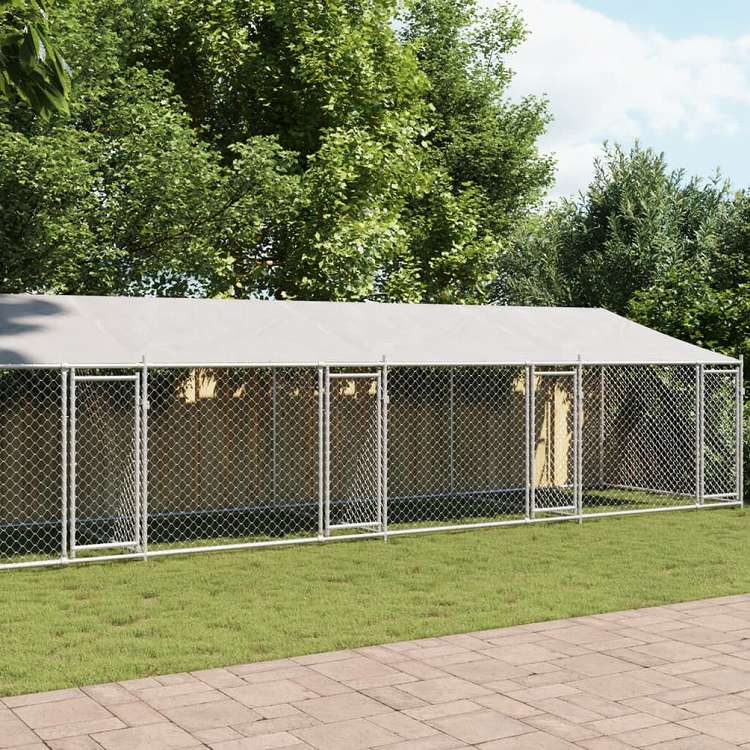 犬用ケージ ルーフ&ドア付き グレー 亜鉛メッキ鋼, 犬用囲い, 屋外犬小屋 vidaXL 犬用ケージ ルーフ ドア付き グレー 10x2x2 m 亜鉛メッキ鋼動物