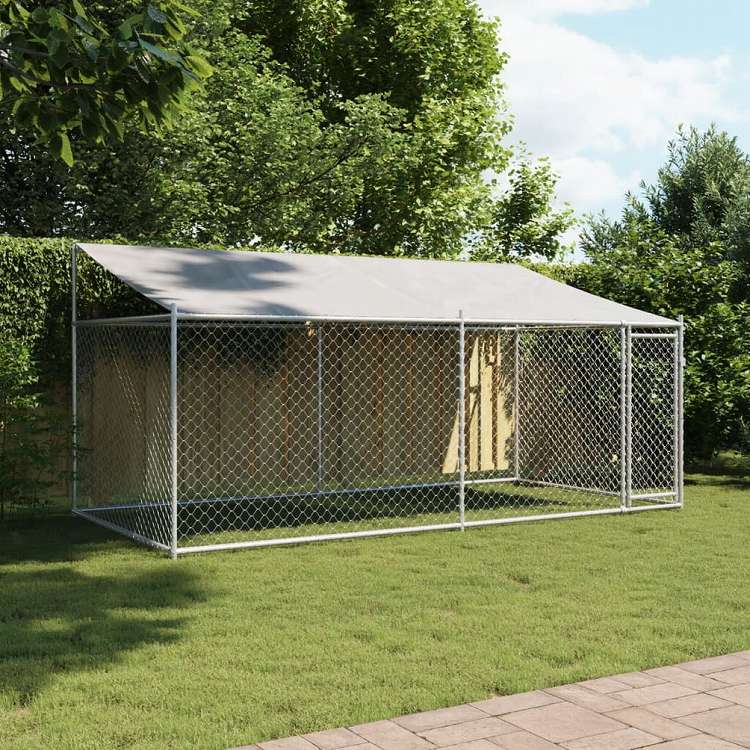 vidaXL 犬用ケージ ルーフ ドア付き グレー 4x2x2 m 亜鉛メッキ鋼