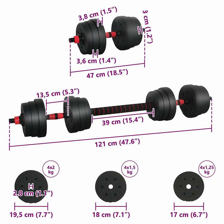 vidaXL 2-in-1 ダンベルバーベルセット 20kg 黒と赤 セメントと鉄砂