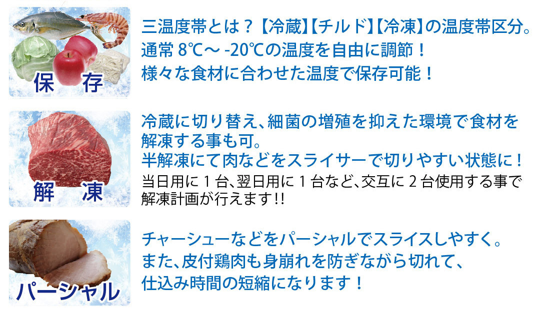 冷蔵・チルド・冷凍を切り替えられる3温度帯タイプ