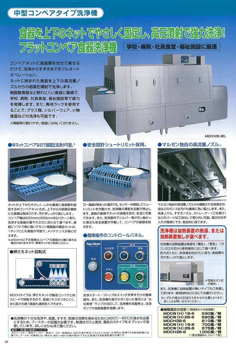 マルゼン 食器洗浄機 幅2100×奥行1200×高さ1645(mm) MDCH1B-8EL(R) フラットコンベアタイプ 押さえネット回転式